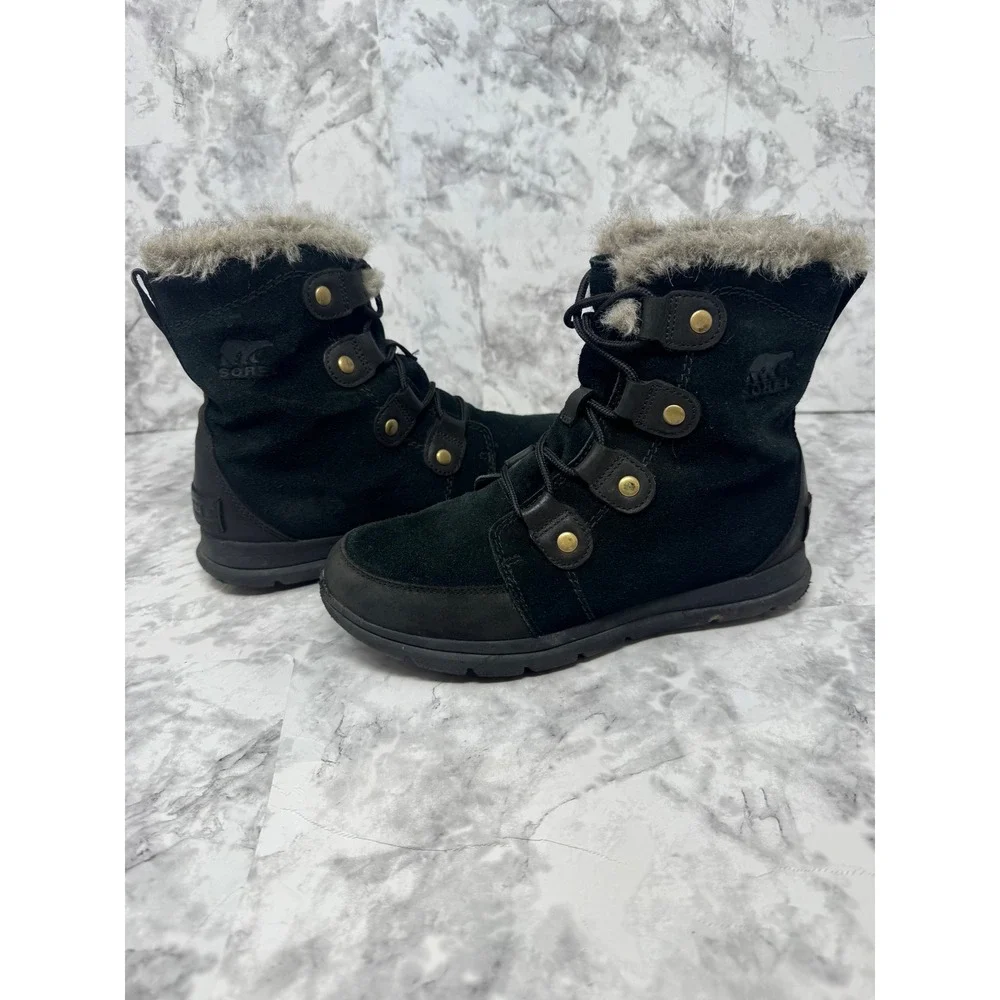 Sorel Whitney 🖤Short Lace Black Suede Faux Fur Waterproof Winter‎ Boots